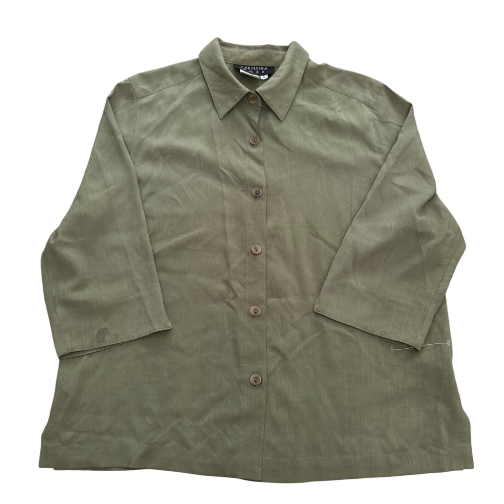 Christina Hope Petite 100% Silk Olive Green 3/4 Sleeve Button Down Shirt Large